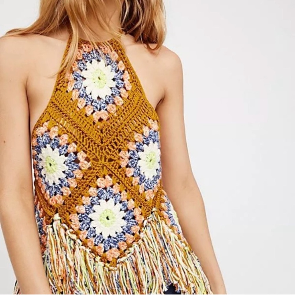Free People “ Summer of Love “NWT Size M/L Multicolor Crochet Fringe Tank Top - Picture 3 of 15